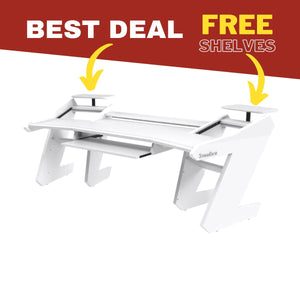 PRO LINE S Desk all White With Pullout + Speaker Shelves Bundle